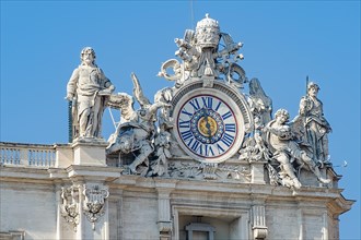 View of dome right clock of St. Peter's Basilica by Giuseppe Valadier with single hand clock hand showing actual local time according to position of the sun