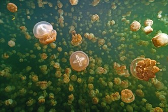 Large quantity Number of umbrella jellyfish Lagoon
