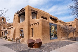 New Mexico Museum of Art by architect Isaac Rapp in adobe Pueblo Revival style in Santa Fe