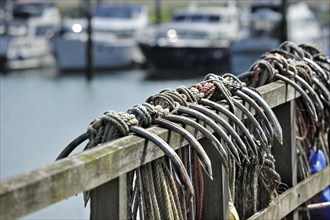 Row of anchors hanging from jetty in the harbour of Yerseke along the Oosterschelde