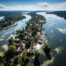 Aerial view flooded village after a flood