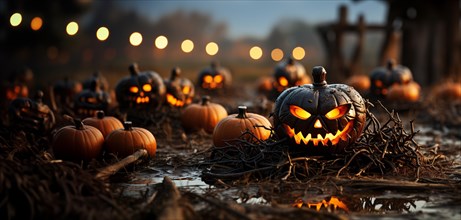 Spooky and fun collection of dozens of halloween carved pumpkins outside on hallows eve