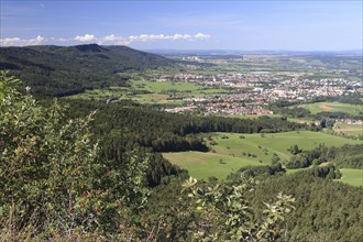 View from the 922-metre-high rocky outcrop Boellat above the valley of the Boellat on the Swabian Alb