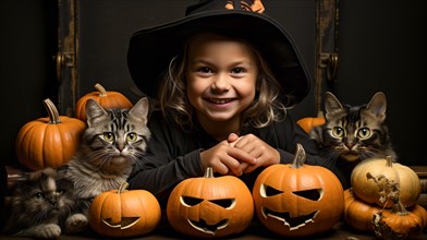 Cute little girl dressed up for halloween with pumpkins and her cats
