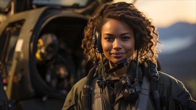 Female african american military helicopter pilot standing near her aircraft