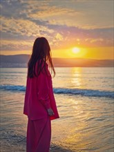 Aesthetic young woman rear view watching the sunrise above the hills at the sea. Beautiful dawn scene