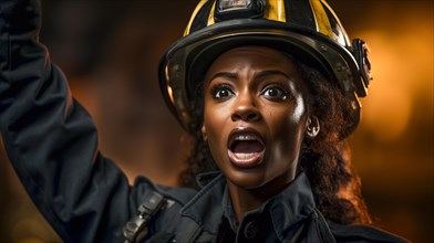 Female african american firefighter wearing protective helmet and grear giving orders at a fire incident