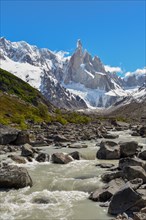 The Rio Fitz Roy with the summit of Cerro Torre and its glaciers