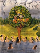 Krishna sitting in a tree above a river with the clothes of the Gopis and asking the Gopis for their clothes