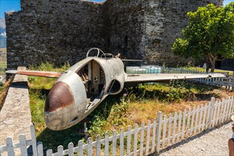 Old fighter plane shot down in the Ottoman castle fortress of Gjirokaster or Gjirokastra. Albanian