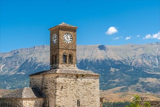 Clock tower in the Ottoman Castle Fortress of Gjirokaster or Gjirokastra. Albanian