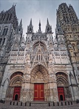 Outdoor facade view of Notre Dame de Rouen Cathedral in the Normandy