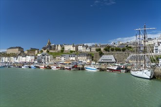 Town view with harbour and three-master Le Marite