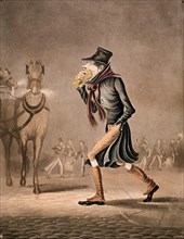 A man covering his mouth with a handkerchief walks through a smoggy London street. In the background are two snorting horses and errand boys walking around with burning torches