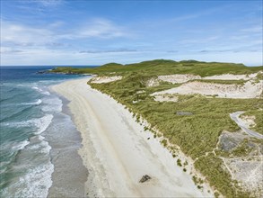Aerial view of Faraid Head peninsula with dunes and sandy beach