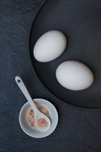 Two eggs and shell with natural salt