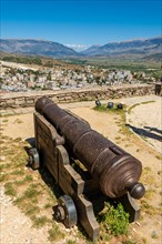 Cannon outside the fortress of the Ottoman castle of Gjirokaster or Gjirokastra. Albanian