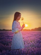 Side view portrait of a young woman in lavender field holding a blowball dandelion against the sunset background. Natural summer dusk scene