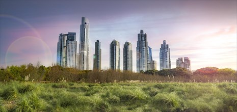 Panoramic view of Puerto Mader skyline located in Buenos Aires at sunset