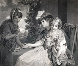 A fortune teller reads the hand of a woman with a little girl on her lap