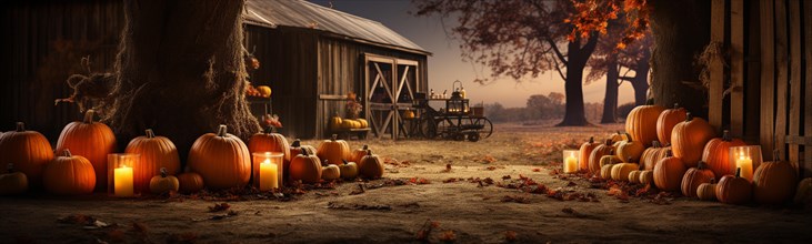 Dozens of halloween and fall pumpkins scattered aroun a rustic barn scene on hallows eve