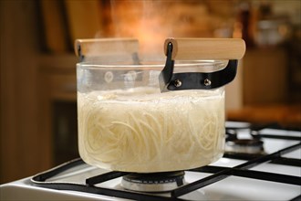 Udon noodle boiling in glass saucepan on gas stove