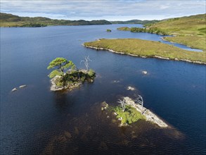 Aerial view of the freshwater loch Loch Assynt with small tree islands