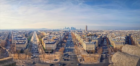 Wide angle Paris cityscape with view to La Defense metropolitan district