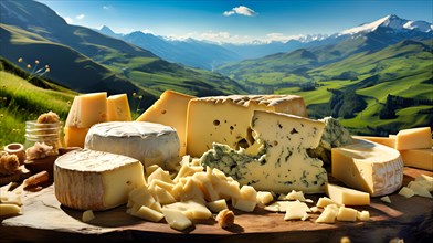A selection of different cheeses lie on a thick wooden board with a mountain landscape in the background