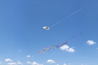 Flying kites against a blue-white cloudy sky at the so-called Drachenwiese