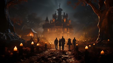 Silhouette of several people walking down the lantern lit walkway on halloween night toward a spooky house