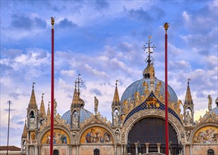Close-up view of frontal or main facade of St Mark's or San Marco cathedral in Venice. Italy. UNESCO World Heritage city