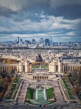 Sightseeing aerial view of the Trocadero area and La Defense metropolitan district at the horizon in Paris
