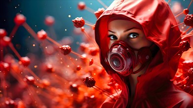Young woman with breathing mask and red protective suit