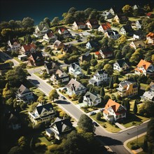 Aerial view of small settlement with terraced houses