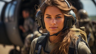 Female military helicopter pilot standing near her aircraft