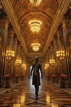 The Legendary Phantom of the Opera walking in the great gallery of the Paris Opera