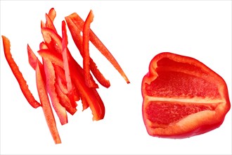 Half and sliced sweet red bell pepper isolated on white background