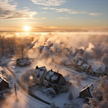 Aerial view of small settlement in winter with smoking chimneys