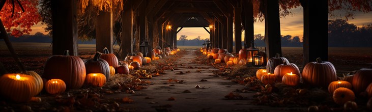Dozens of halloween and fall pumpkins scattered aroun a rustic barn scene on hallows eve