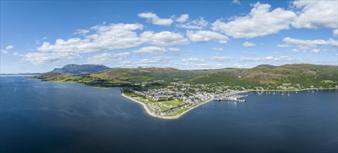 Aerial panorama of Loch Broom with the harbour town of Ullapool in the Northwest Highlands