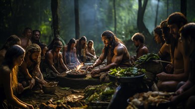 Polynesians sit together on the ground in the forest and cook different dishes