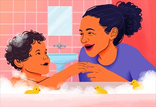 Illustration of a Mother watching son playing with toys in bubble bath