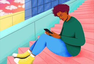 Illustration of a Smiling woman using smart phone sitting with tablet PC and disposable cup on steps