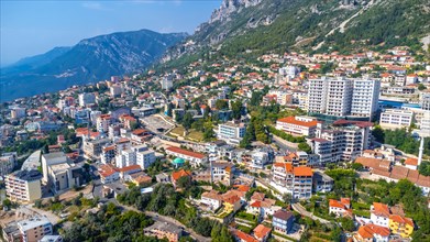 Panoramic aerial drone view of the city from Kruje Castle and its fortress. Albania