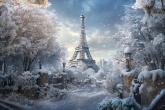 Eiffel Tower under snow in the winter