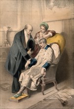 A sick man sticks out his tongue while a doctor takes his pulse. The patient holds green glasses in his left hand. The woman holds a cup with a spoon. Doctor and patient