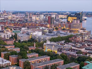 Aerial view of Hamburg harbour at blue hour with Speicherstadt and Elbe Philharmonic Hall