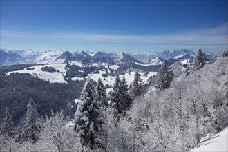 Winter landscape covered in deep snow at the summit of the Zwoelferhorn with a view of the Osterhorn group