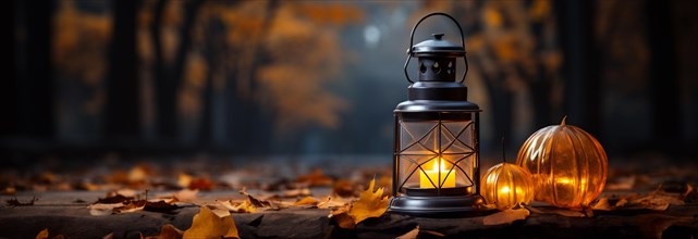 Warm and inviting lit vintage lantern resting on wood planks base outdoors in a fall setting